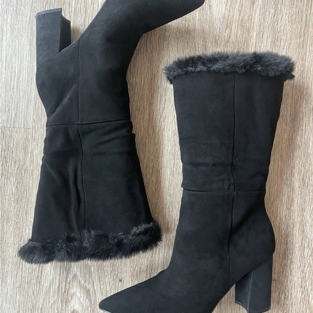 Nine West Black Faux Fur Cuff Pointed Toe Block Heel Ankle Boots - Picture 7 of 10